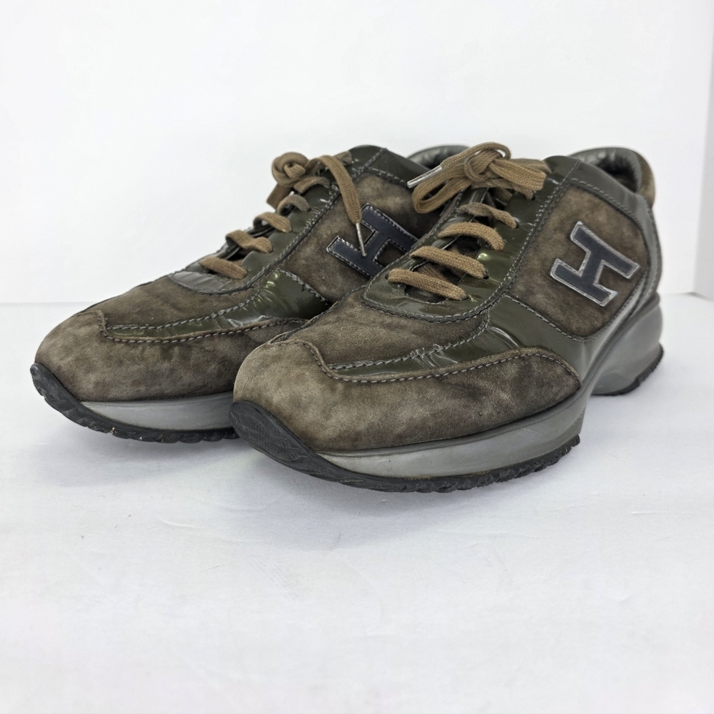 Hogan Interactive Suede Patent Leather Sneakers Womens Almond Toe H Logo  38 1/2 - Picture 4 of 16